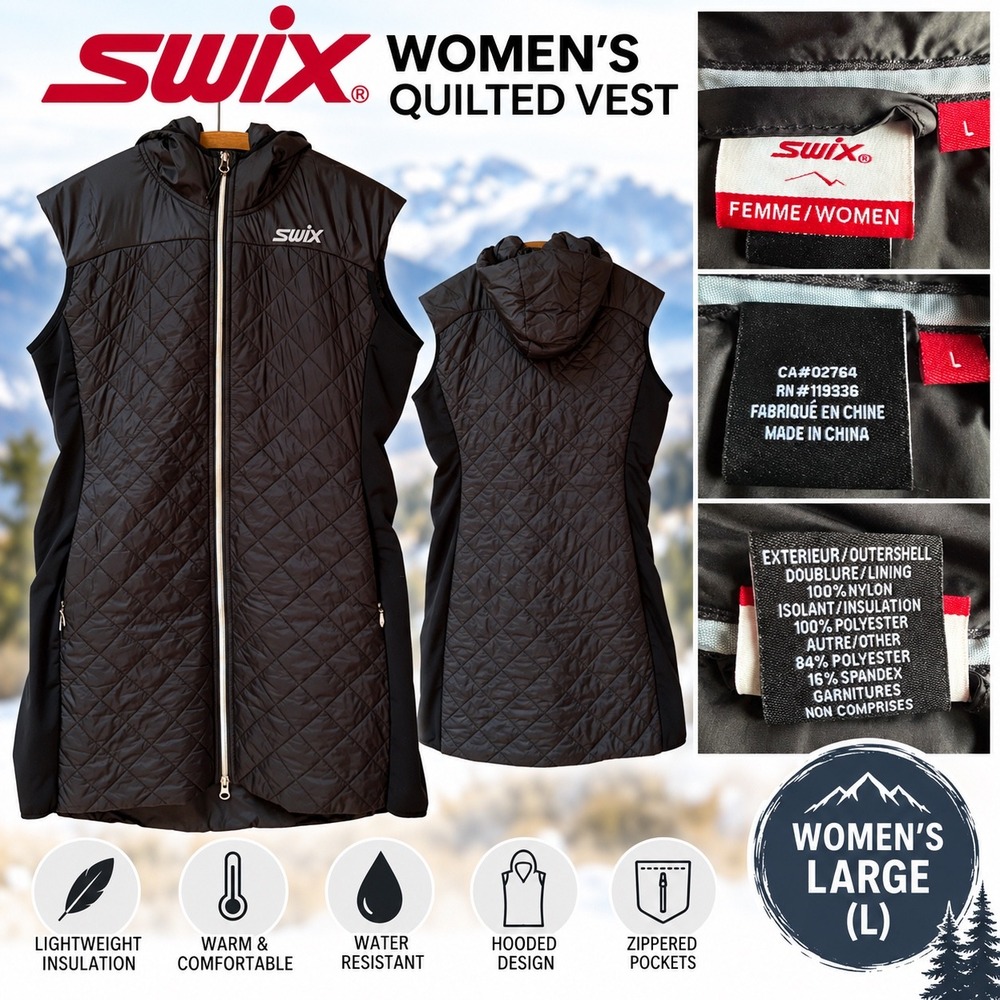 Swix Womens Large Black Quilted Hooded Insulated Vest Full Zip Activewear L
